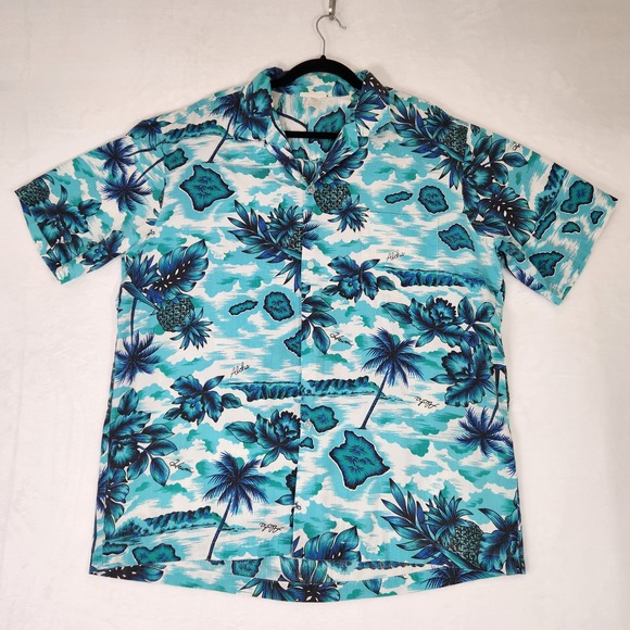 Other - Vintage Made in Hawaii Aloha Shirt Mens Large Teal Blue Tropical Pineapple Palm